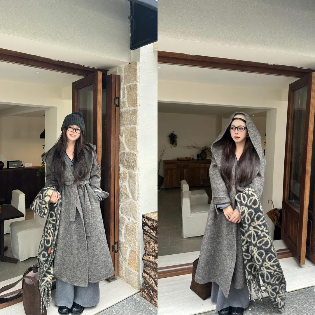 秋冬新款羊毛大衣中长款毛呢带帽外套女韩版减龄时尚百搭宽松