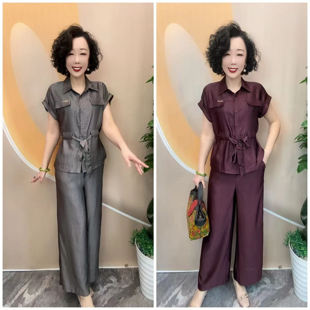 A80夏新款纯色调节腰带中老年时尚宽松大码时尚套装，（上衣+裤子）