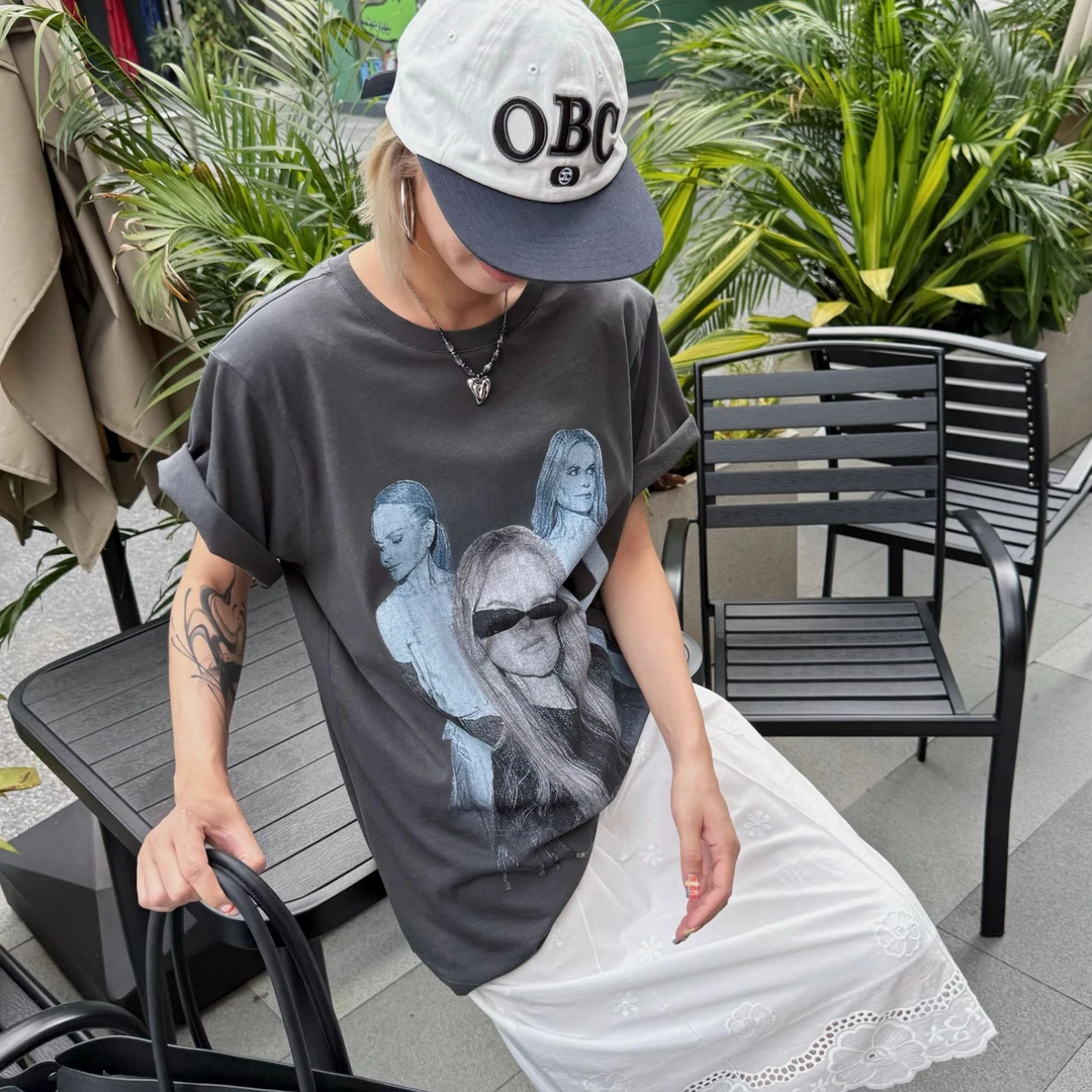 HELLOTANGO《美式妮可》夏季美式个性印花垫肩休闲T恤65080#