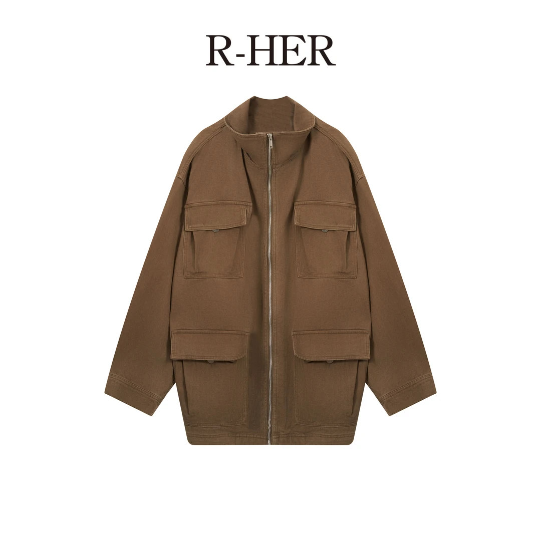 R-HER【工装巴恩】品质纯色百搭立领工装巴恩风休闲宽松拉链外套