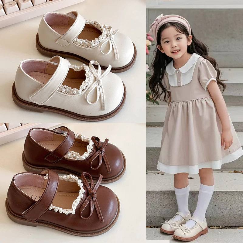 女童小香风皮鞋2025春秋新款蝴蝶结小女孩公主鞋儿童软底宝宝单鞋