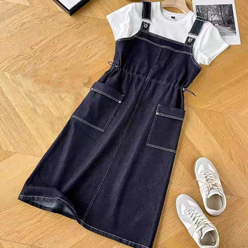 FDOA 福利清 深蓝减龄显瘦 中长款 牛仔背带裙Q021