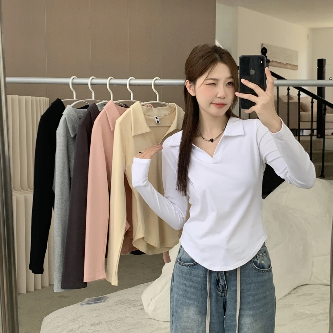【晶晶】欧若风正肩显瘦POLO领长袖T恤女2025春款百搭遮肉显瘦上衣