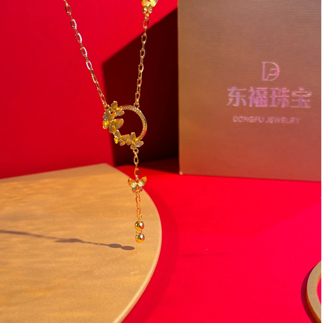 链子足银 蝴蝶花环项链气质轻奢时尚灵动精致镶嵌环环相扣坠链