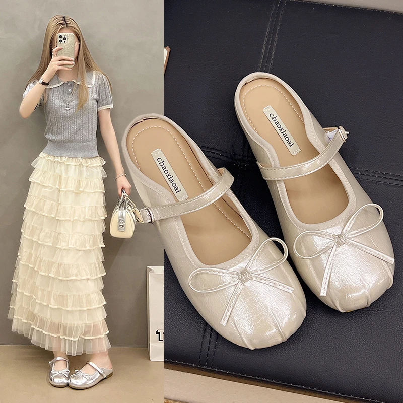 法式蝴蝶结银色包头半拖鞋女2025春夏新款懒人一脚蹬玛丽珍单鞋女