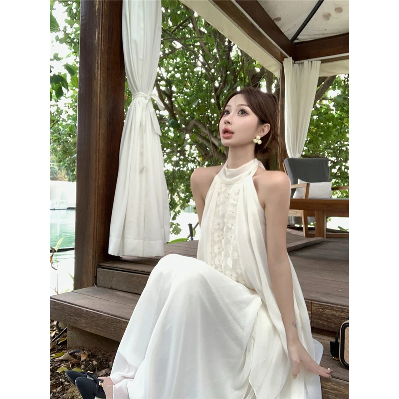 2025新款性感纯欲露背挂脖花朵衬衫上衣+仙仙半身裙长裙套装女夏