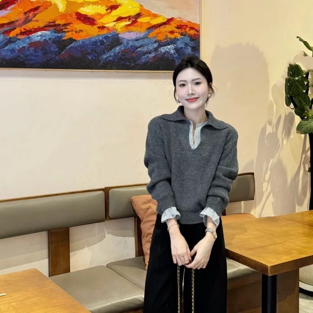 【北海道】韩系高质小众减龄拼接假两件气质Polo领针织冬季毛衣