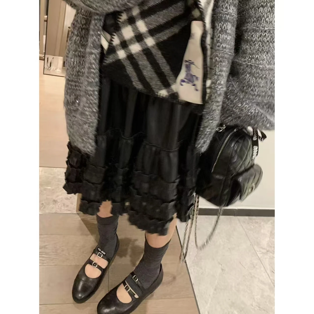 SP 重工花边皮pu中裙女秋冬复古高腰百搭显瘦松紧腰半身裙皮裙