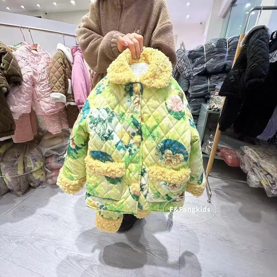 幼米原创绿色碎花黄毛毛领款睡衣套装