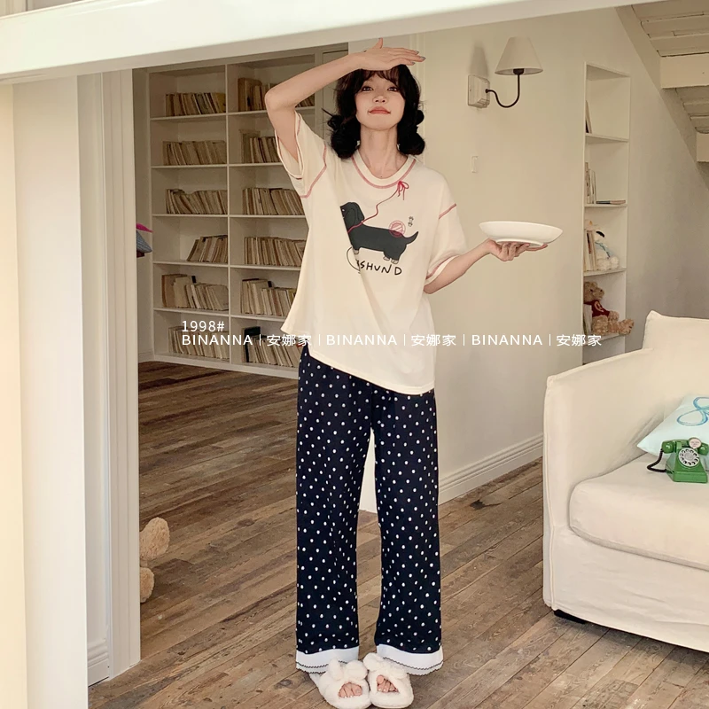 缤安娜家居服睡衣夏季女款2025新款短袖圆领薄款针织长裤套装夏款