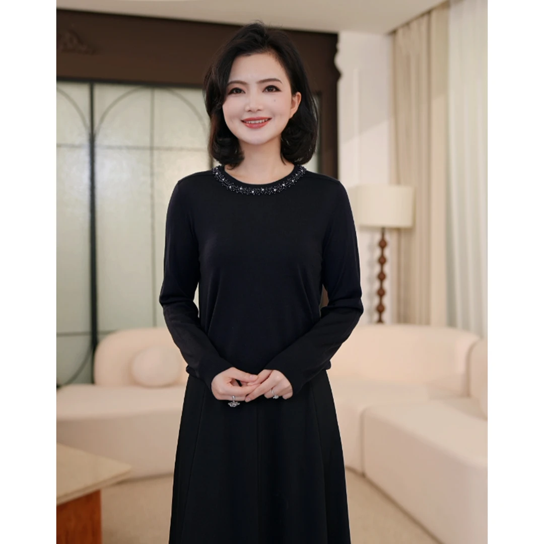【美丽诺绵羊毛】枫竺阿楠anan优雅气质钉珠圆领羊毛衫女秋打底毛衣
