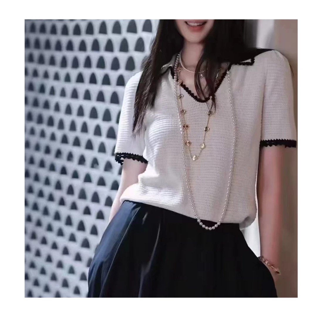 欧货拼色翻领套头冰丝针织钩花编织短袖V领上衣
