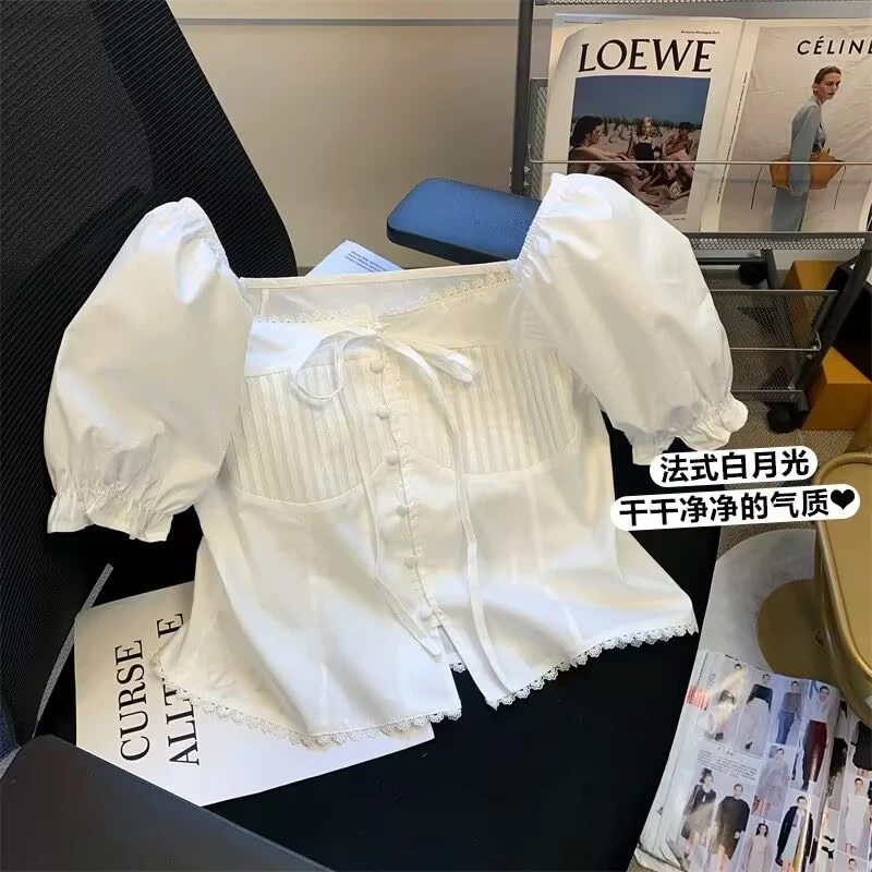 法式方领泡泡袖衬衫女夏季设计感小众系带衬衣别致褶皱白色小上衣