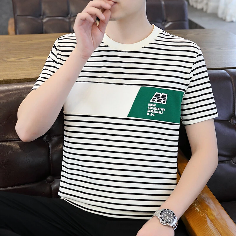 2025夏季新款条纹圆领短袖T恤男士休闲短袖帅气档次时尚百搭潮流