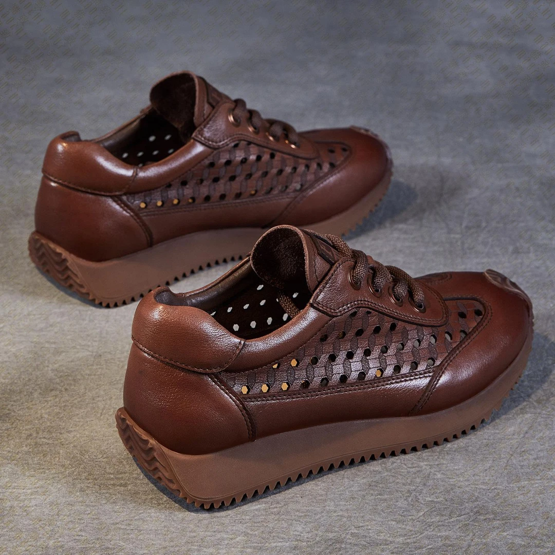牛皮镂空阿甘鞋女夏季透气软底复古棕色妈妈鞋真皮网面洞洞女鞋子