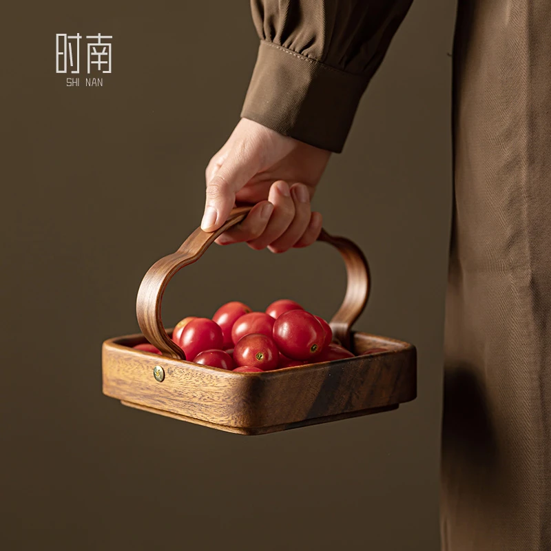 高颜值水果盘小精致实木手提篮客厅茶几零食干果收纳盒胡桃木托盘