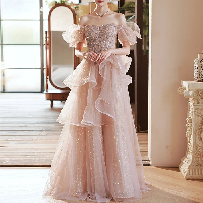 轻奢晚礼服2025新款名媛气质超仙订婚法式一字肩礼服仙气伴娘服女