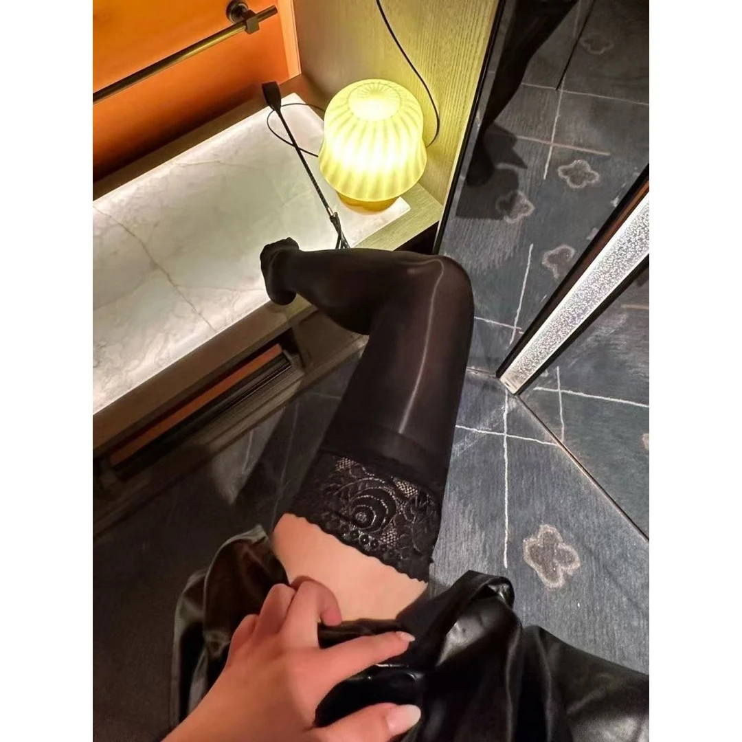 性感蕾丝花边马油黑丝8D油亮高筒袜女夏季超薄显瘦丝滑油光过膝袜
