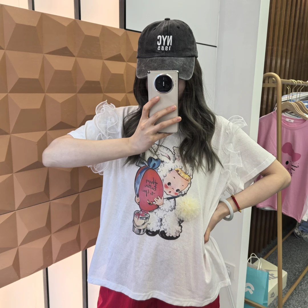 立体感！小个子~韩代25夏季甜美可爱小白兔卡通木耳边宽松短袖T恤