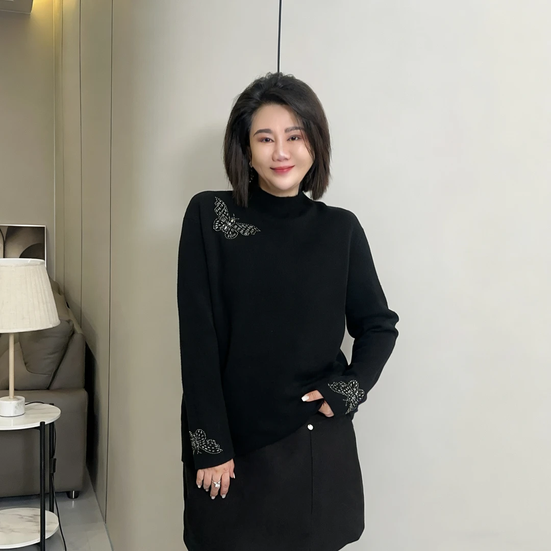 微胖女装【庄周梦蝶】烫钻蝴蝶中领长袖毛衣长袖百搭冬季上衣1211