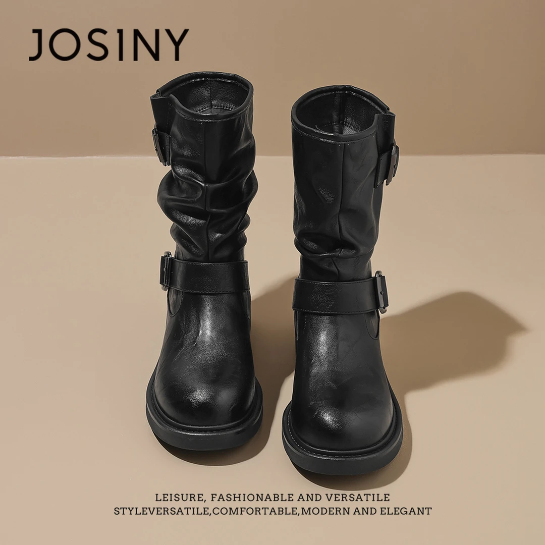 卓诗尼复古短筒靴女25秋冬靴子百搭褶皱堆堆靴粗跟西部牛仔短靴XX