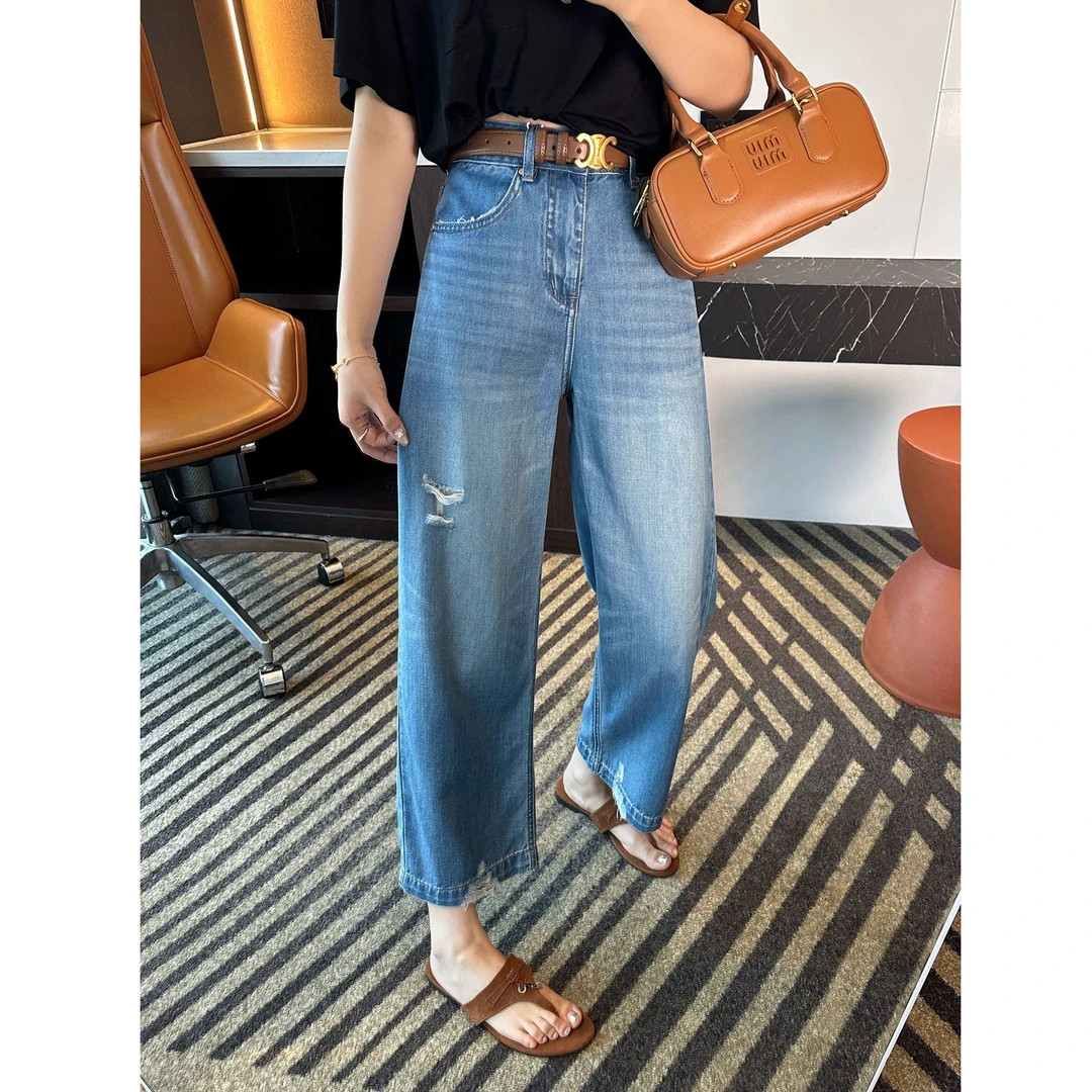 莱赛尔小个子九分破洞牛仔裤女夏季薄款凉感天丝宽松阔腿直筒裤子