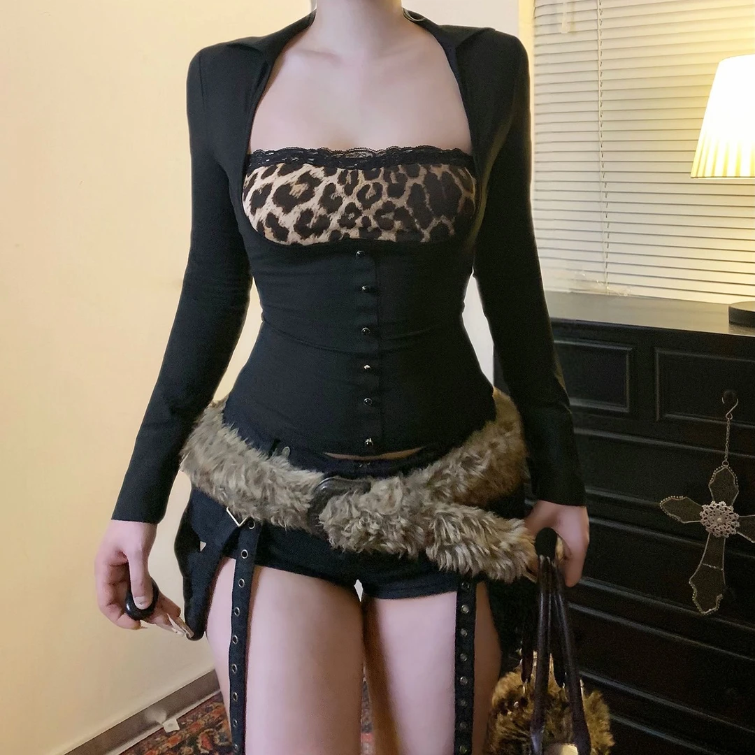 大码胖mm豹纹拼接蕾丝花边方领假两件长袖T恤性感辣妹修身上衣