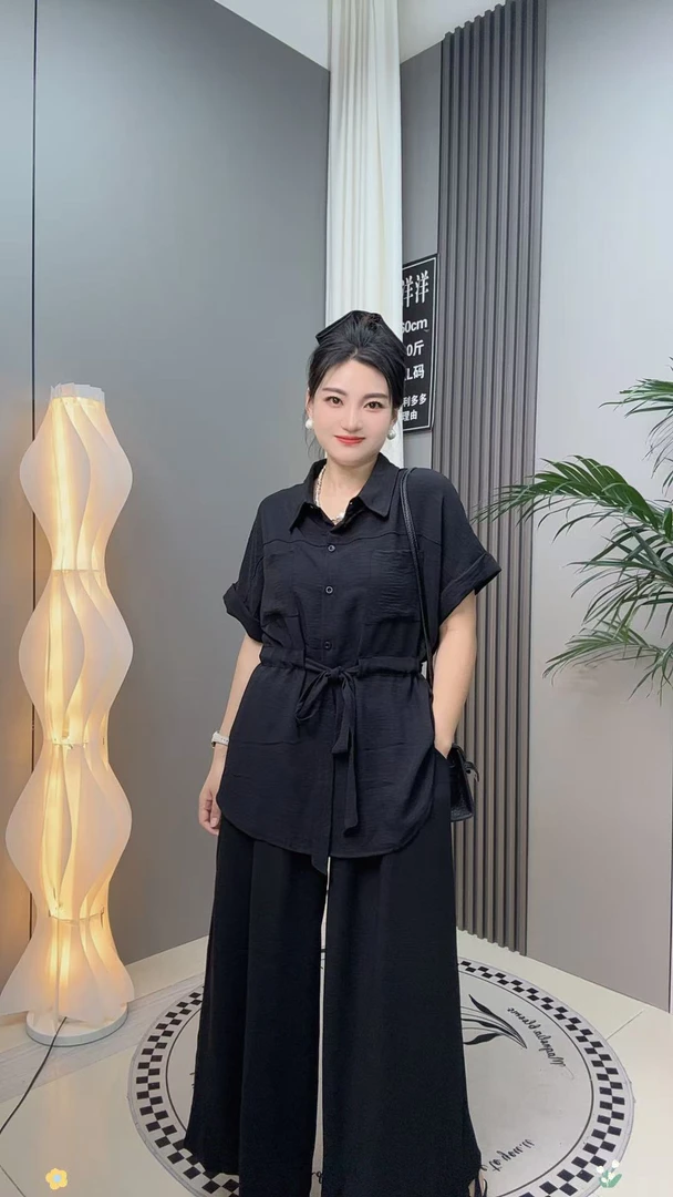 洋洋大码女装夏季新款时尚气质显瘦法式短袖衬衫上衣阔腿裤两件套