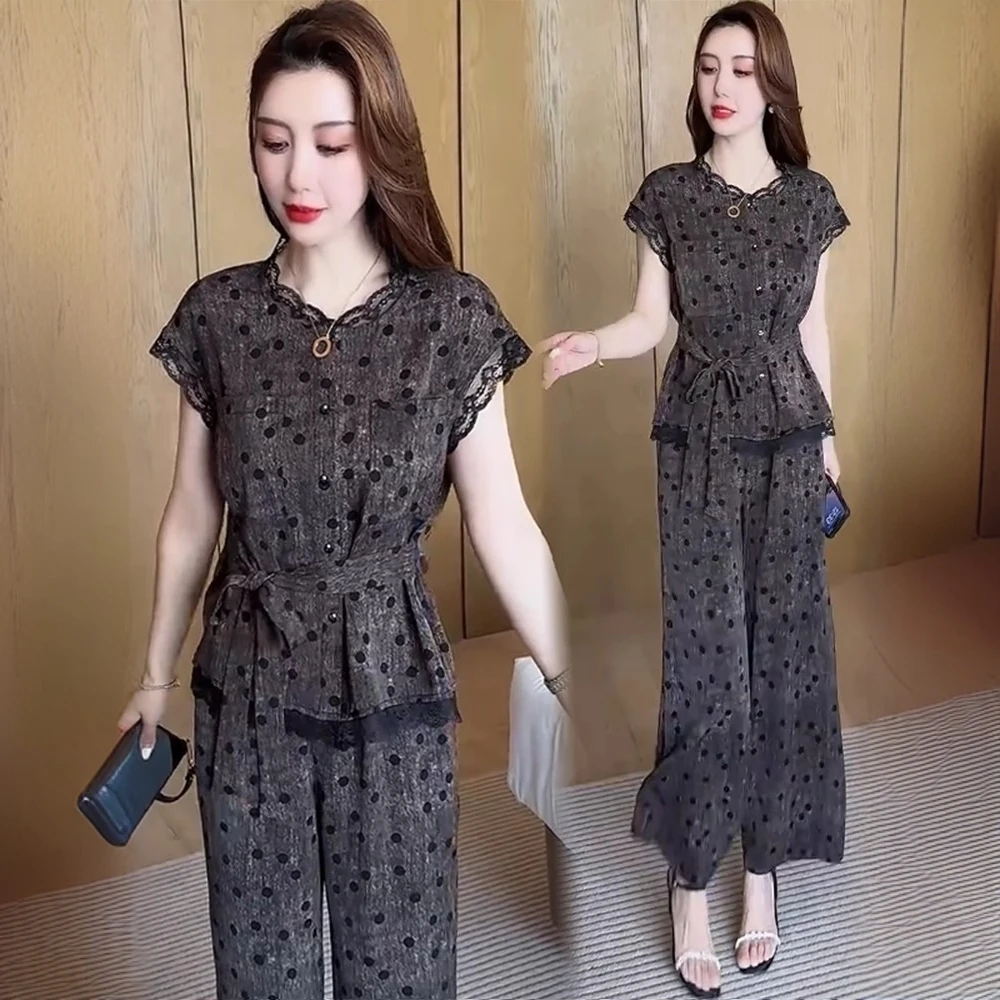 洋气妈妈时尚套装2025夏季新款遮肉显瘦气质短袖上衣阔腿裤两件套