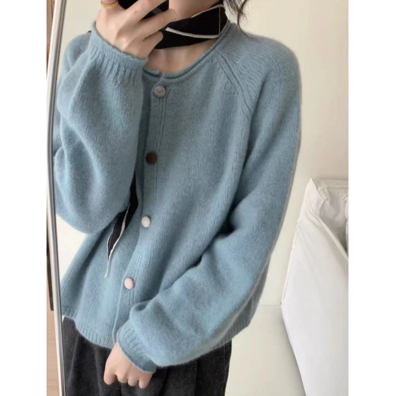 【60】2025秋冬天空蓝圆领开衫时尚百搭宽松韩版外穿慵懒风