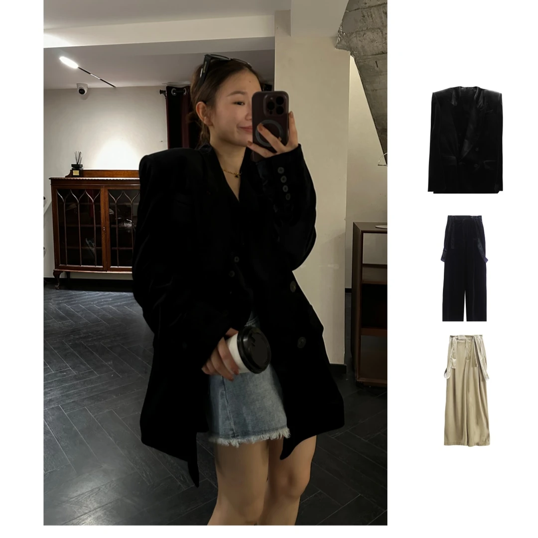 2XX ENOGENIC  25秋冬新品单排扣口袋常规女西服显瘦小西装黑色