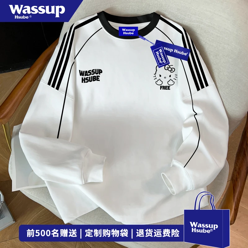 WASSUP HSUBE创意小猫字母卡通印花长袖T恤男秋季百搭条纹上衣服
