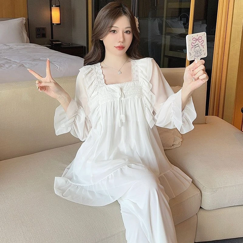 网纱睡衣女春夏薄款甜美长袖可爱公主风柔软家居服套装法式高级感