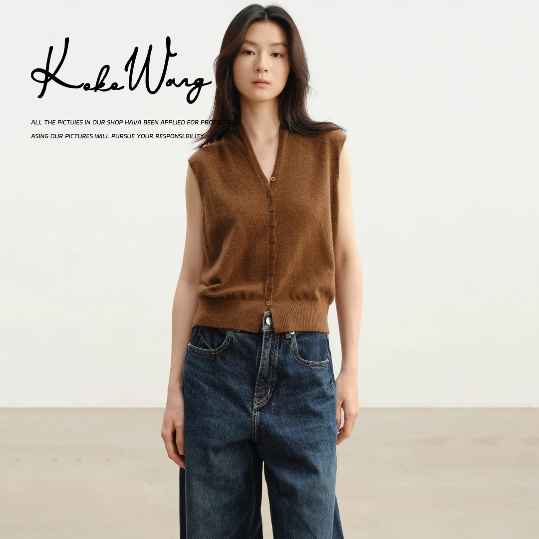 KOKOWANG秋冬新款时尚百搭A+级山羊绒V领针织无袖马夹N6695H27W01
