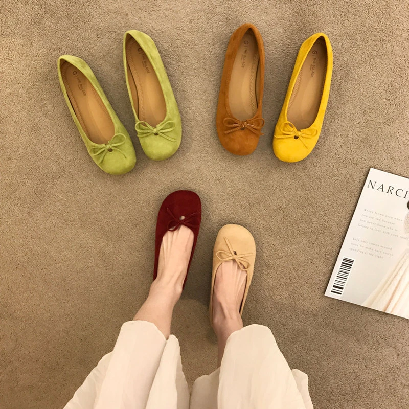 2025春季软底防滑不累脚平底单鞋女蝴蝶结豆豆鞋瓢鞋晚晚鞋配裙子