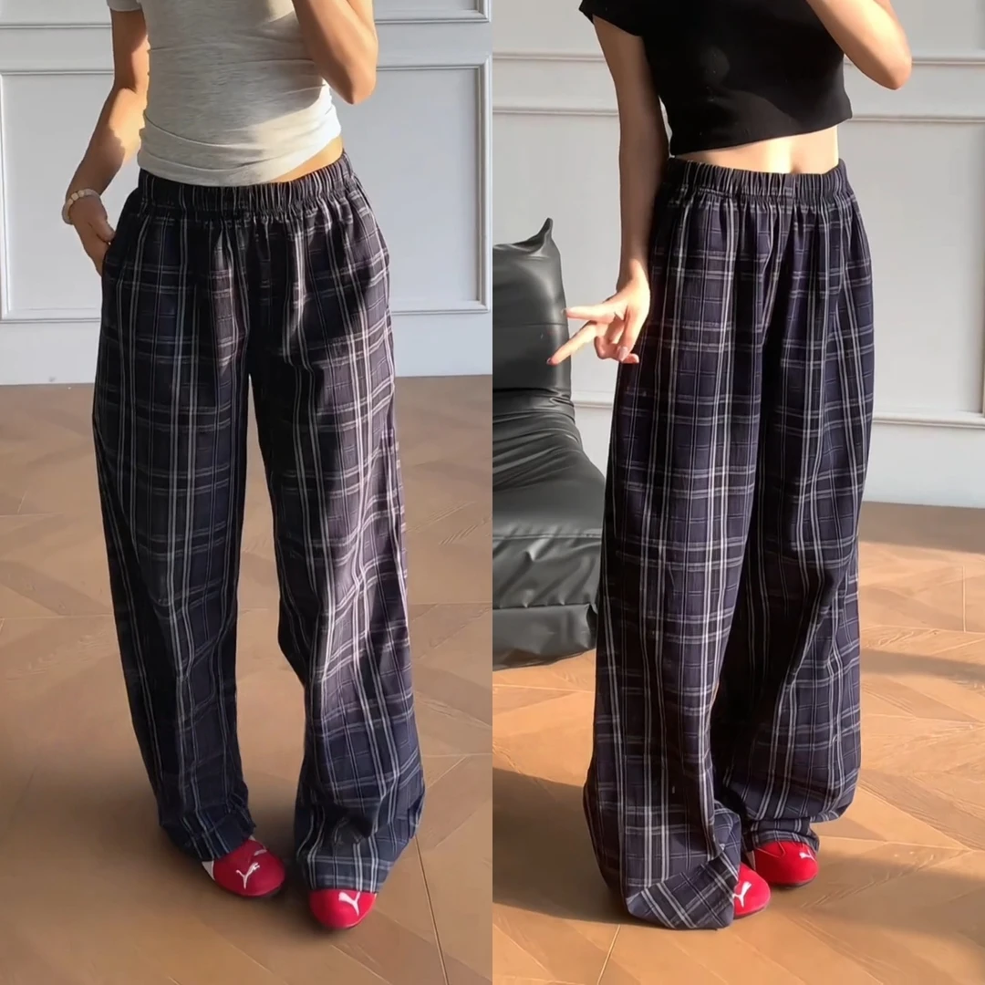 极简潮流格子长裤夏季男女同款宽松复古休闲裤轻薄透气舒适设计感
