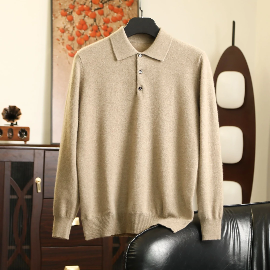 新款男士100%山羊绒POLO领商务羊绒衫翻领针织衫
