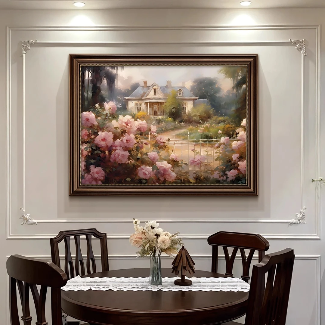 美式餐厅装饰画2025新款饭厅背景墙挂画花卉复古油画欧式高档壁画
