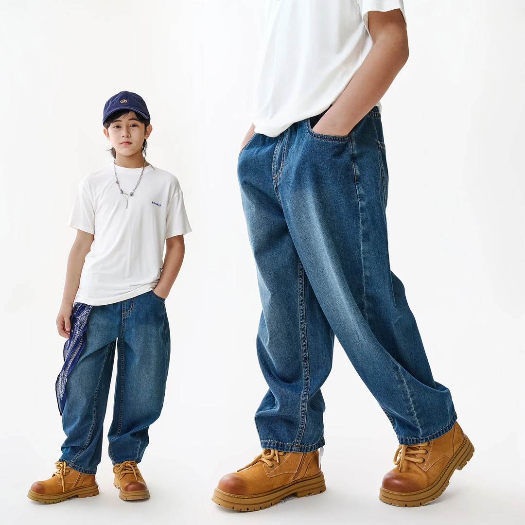 KALAM1LE【磨破设计】夏季薄款纯棉宽松复古蓝色牛仔裤弯刀裤x2321