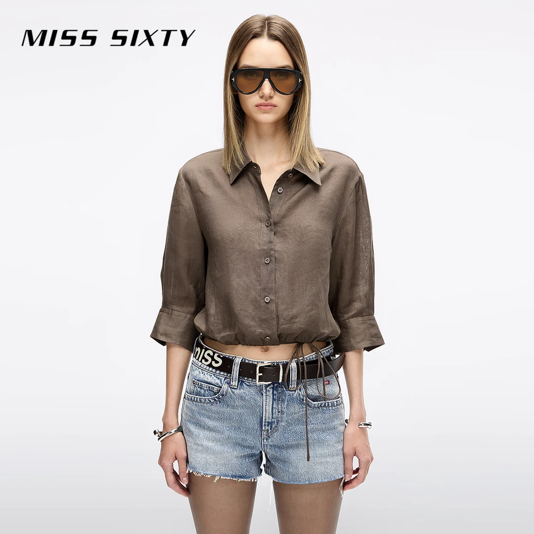Miss Sixty2025秋季新款亚麻衬衫女翻领七分袖抽绳系带收腰短上衣