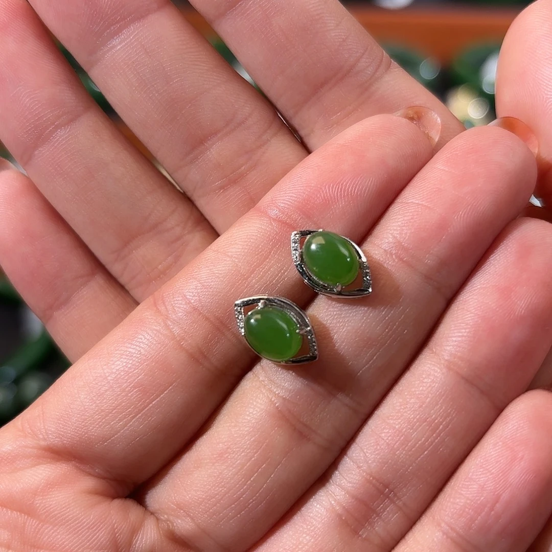 和田玉（碧玉）银S925镶嵌耳饰