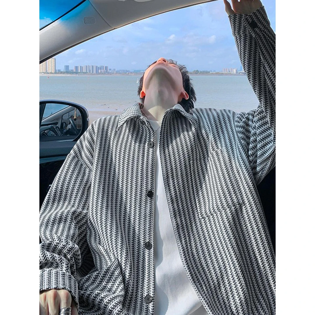 鱼骨纹小香风外套男春秋美式痞帅重磅上衣潮牌青少年宽松翻领夹克