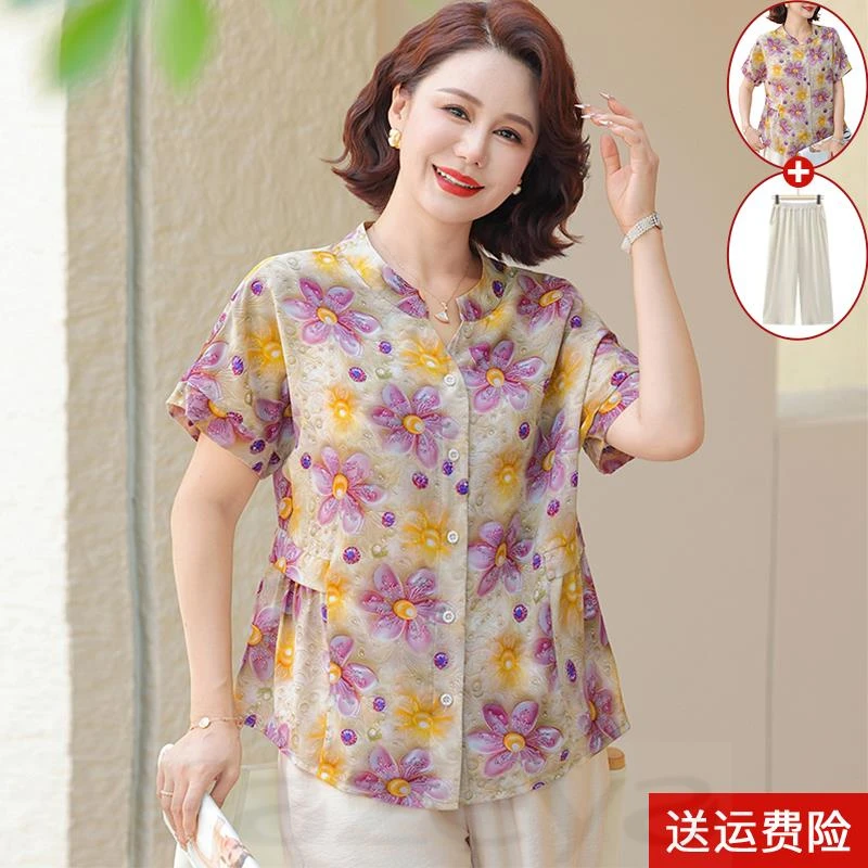 彩羊妈妈洋气短袖衬衫中年女夏装衬衣中老年夏季2025新款薄款上衣