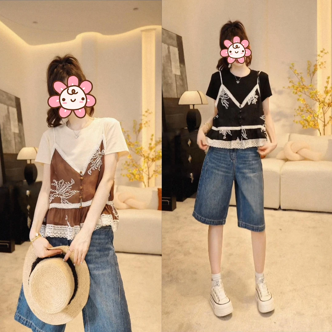 洋气套装衣服女2025夏季新款蕾丝拼接百搭T恤显瘦五分牛仔短裤