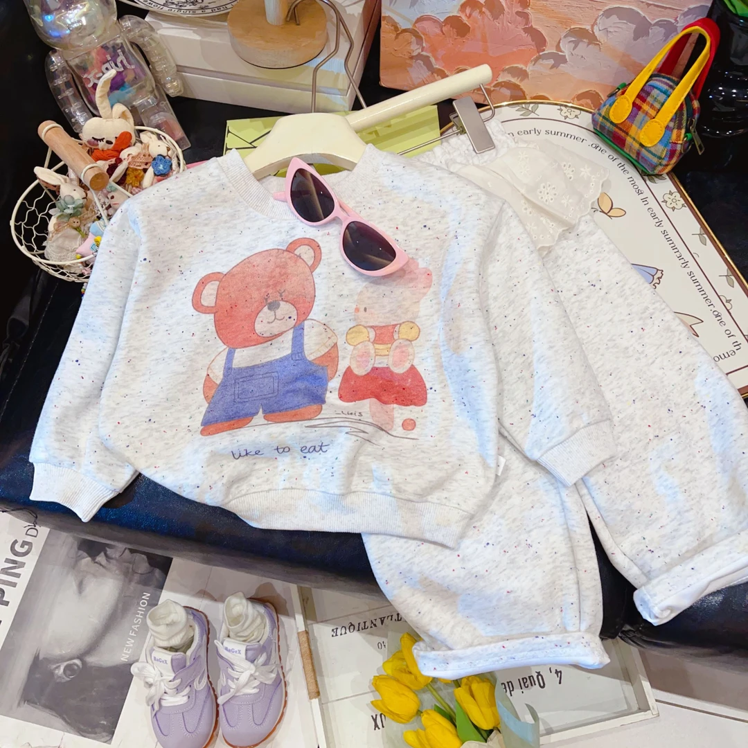 儿童卫衣套装春季女宝宝可爱卡通印花蕾丝卫裤幼儿园两件套