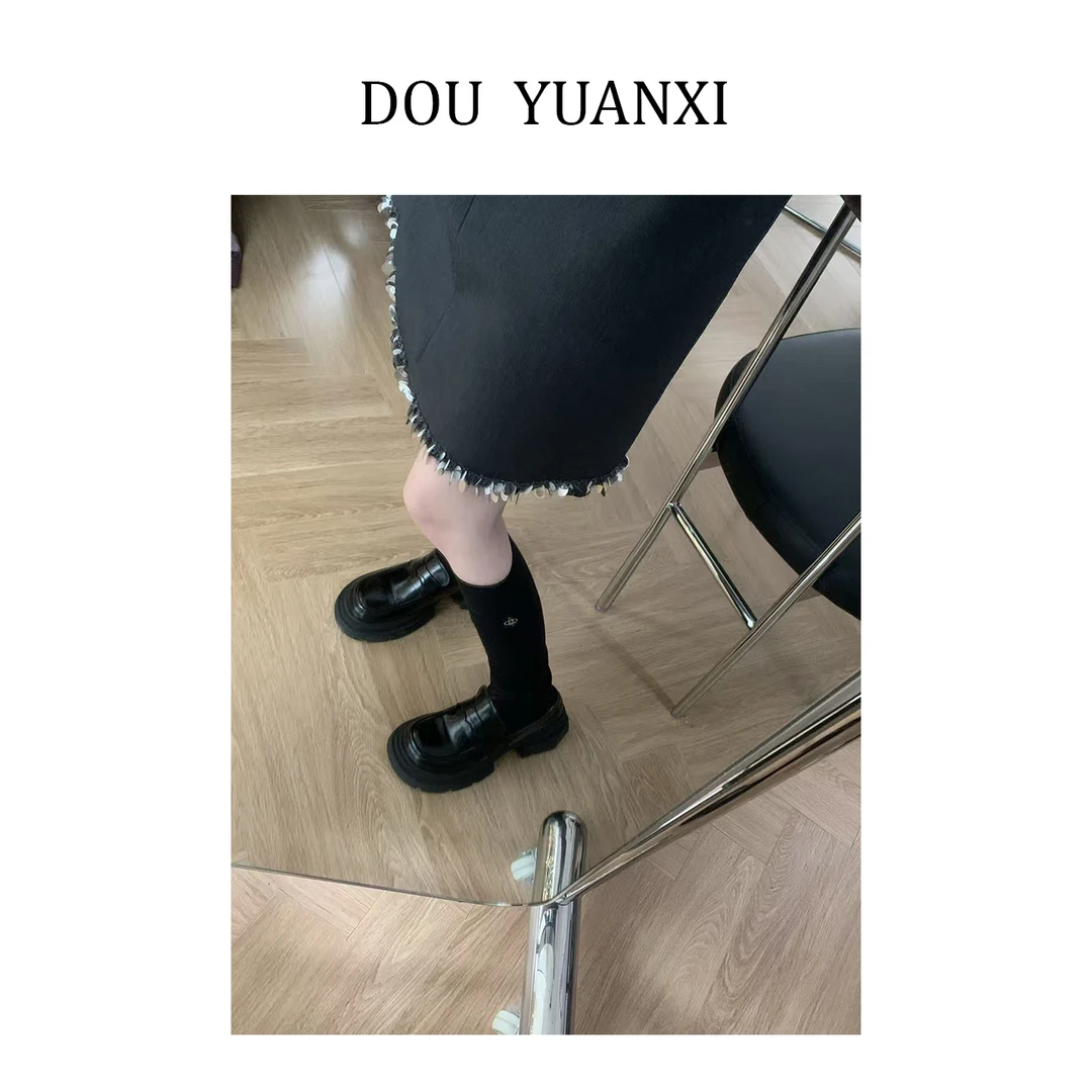 DOU YUANXI 星球刺绣瘦腿袜秋高筒长袜纯色袜堆堆袜单品百搭