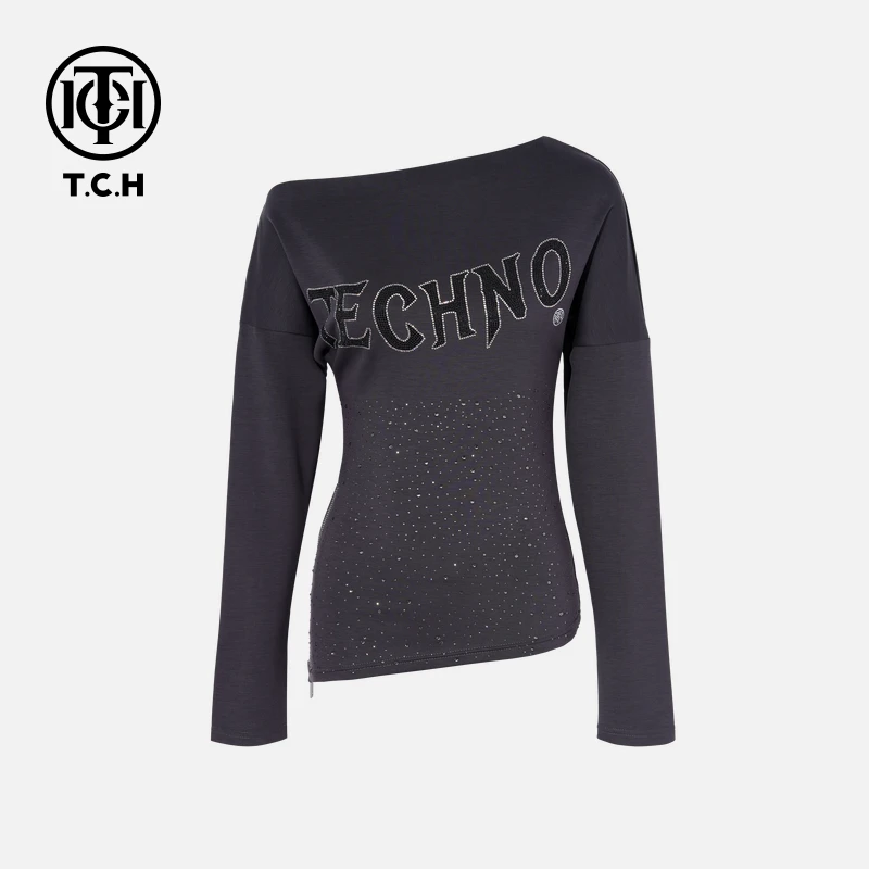 TCH-时尚潮牌字母满天星烫钻灰色打底衫T75C08E1006