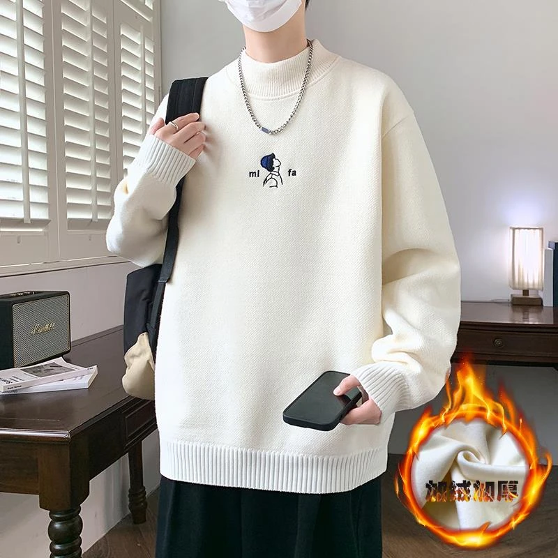 天鹅绒加厚针织衫半高领打底一体绒毛衣学生男卫衣雪尼尔2025秋冬