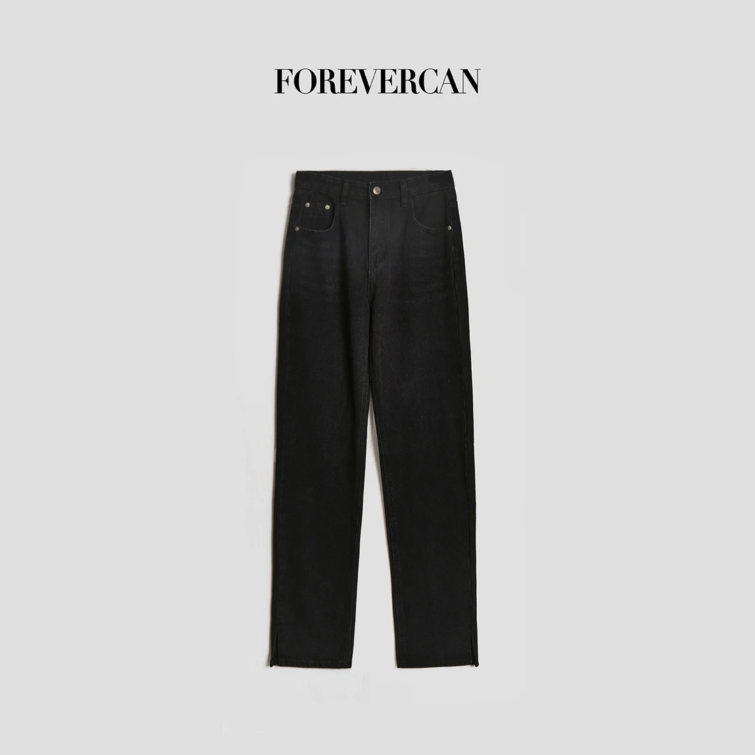 FOREVERCAN“腿替”高盎司侧开叉高腰直筒牛仔裤 SP19164