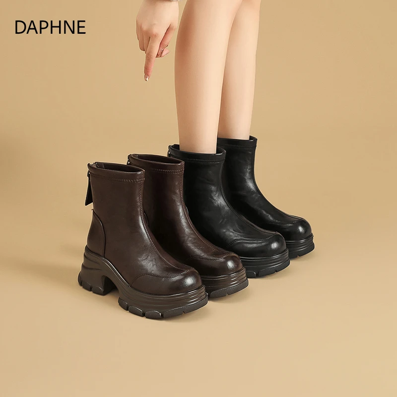 达芙妮厚底短靴女2025冬季新款女鞋靴子加绒瘦瘦喵爪靴增高弹力靴